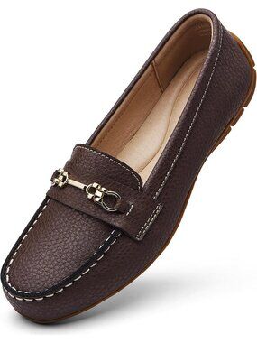 Women's Coffee 100% Leather Round Toe Slip On Business Casual Dress Shoe